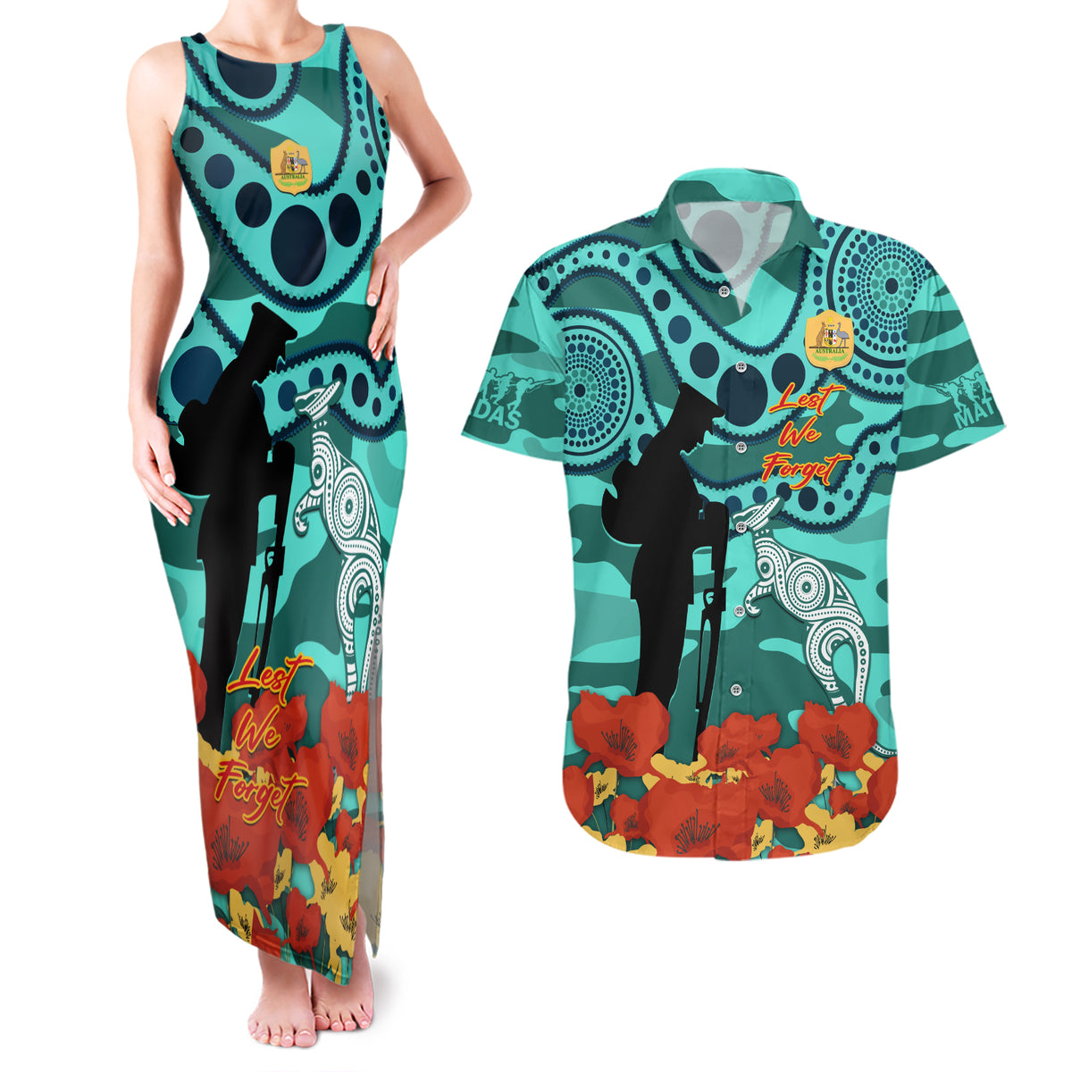 Custom Matildas ANZAC Day Couples Matching Tank Maxi Dress and Hawaiian Shirt Lest We Forget Poppies Mix Camouflage Turquoise