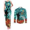 Custom Matildas ANZAC Day Couples Matching Tank Maxi Dress and Long Sleeve Button Shirt Lest We Forget Poppies Mix Camouflage Turquoise
