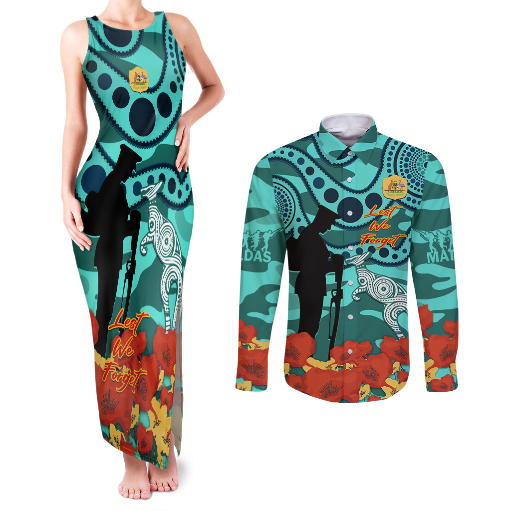 Custom Matildas ANZAC Day Couples Matching Tank Maxi Dress and Long Sleeve Button Shirt Lest We Forget Poppies Mix Camouflage Turquoise
