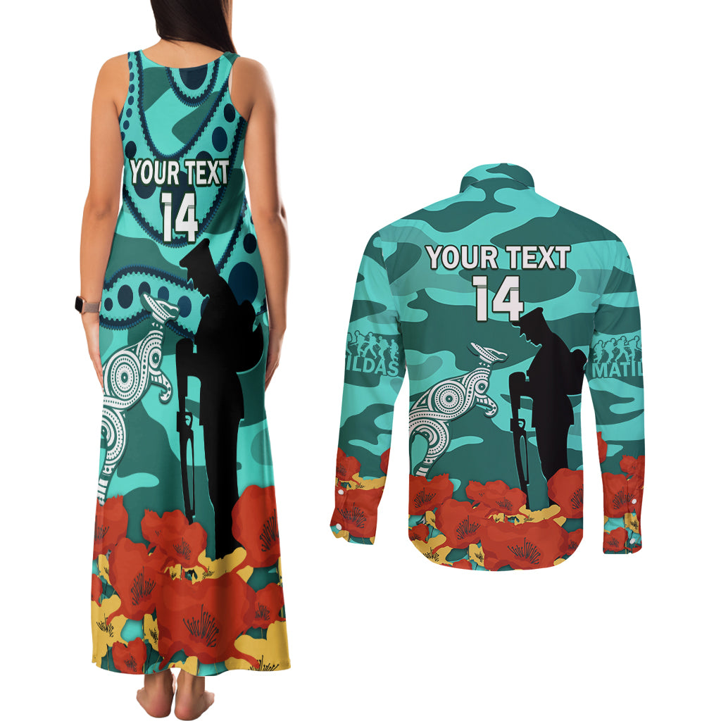 Custom Matildas ANZAC Day Couples Matching Tank Maxi Dress and Long Sleeve Button Shirt Lest We Forget Poppies Mix Camouflage Turquoise