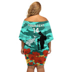 Custom Matildas ANZAC Day Family Matching Off Shoulder Short Dress and Hawaiian Shirt Lest We Forget Poppies Mix Camouflage Turquoise