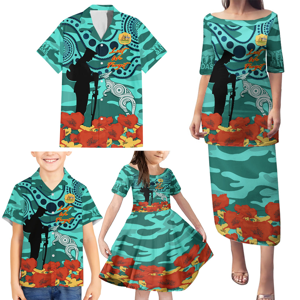 Custom Matildas ANZAC Day Family Matching Puletasi and Hawaiian Shirt Lest We Forget Poppies Mix Camouflage Turquoise