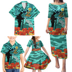 Custom Matildas ANZAC Day Family Matching Puletasi and Hawaiian Shirt Lest We Forget Poppies Mix Camouflage Turquoise