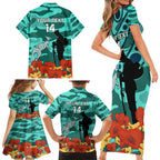 Custom Matildas ANZAC Day Family Matching Short Sleeve Bodycon Dress and Hawaiian Shirt Lest We Forget Poppies Mix Camouflage Turquoise