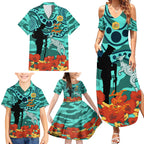 Custom Matildas ANZAC Day Family Matching Summer Maxi Dress and Hawaiian Shirt Lest We Forget Poppies Mix Camouflage Turquoise