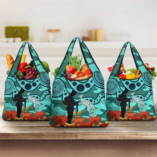 Matildas ANZAC Day Grocery Bag Lest We Forget Poppies Mix Camouflage Turquoise