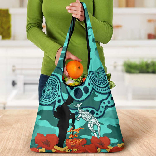 Matildas ANZAC Day Grocery Bag Lest We Forget Poppies Mix Camouflage Turquoise