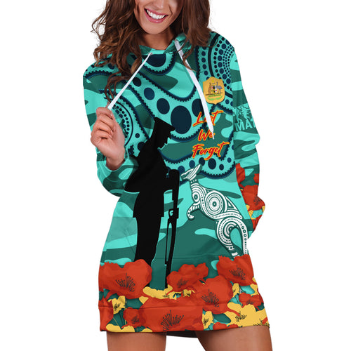 Custom Matildas ANZAC Day Hoodie Dress Lest We Forget Poppies Mix Camouflage Turquoise