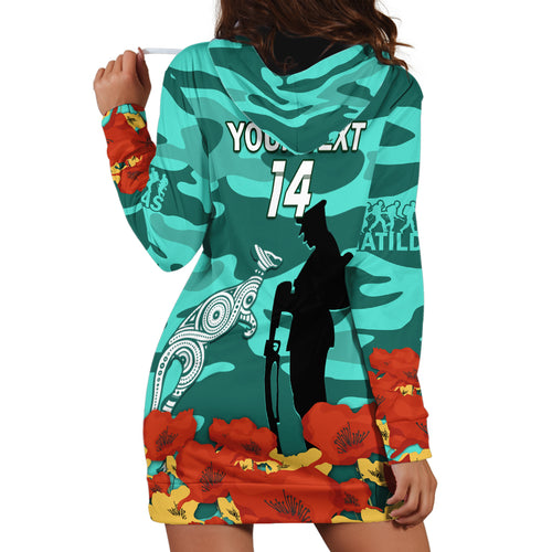 Custom Matildas ANZAC Day Hoodie Dress Lest We Forget Poppies Mix Camouflage Turquoise