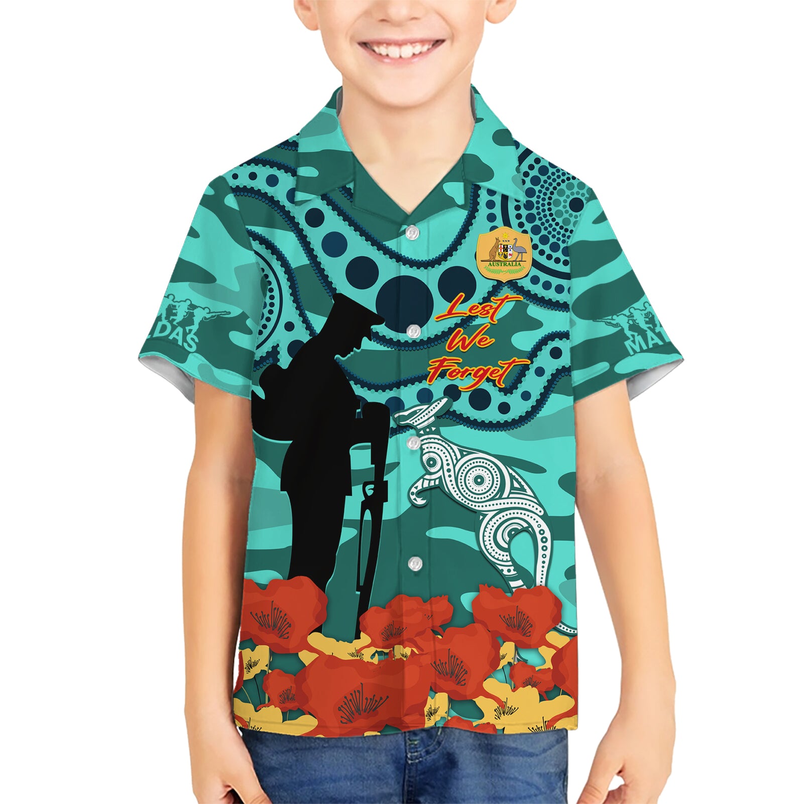 Custom Matildas ANZAC Day Kid Hawaiian Shirt Lest We Forget Poppies Mix Camouflage Turquoise
