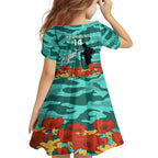 Custom Matildas ANZAC Day Kid Short Sleeve Dress Lest We Forget Poppies Mix Camouflage Turquoise