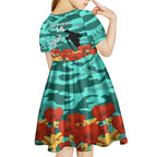 Custom Matildas ANZAC Day Kid Short Sleeve Dress Lest We Forget Poppies Mix Camouflage Turquoise