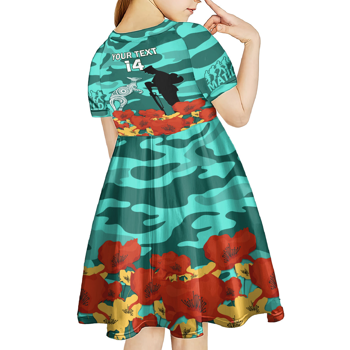 Custom Matildas ANZAC Day Kid Short Sleeve Dress Lest We Forget Poppies Mix Camouflage Turquoise