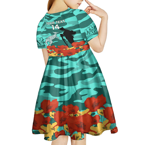 Custom Matildas ANZAC Day Kid Short Sleeve Dress Lest We Forget Poppies Mix Camouflage Turquoise