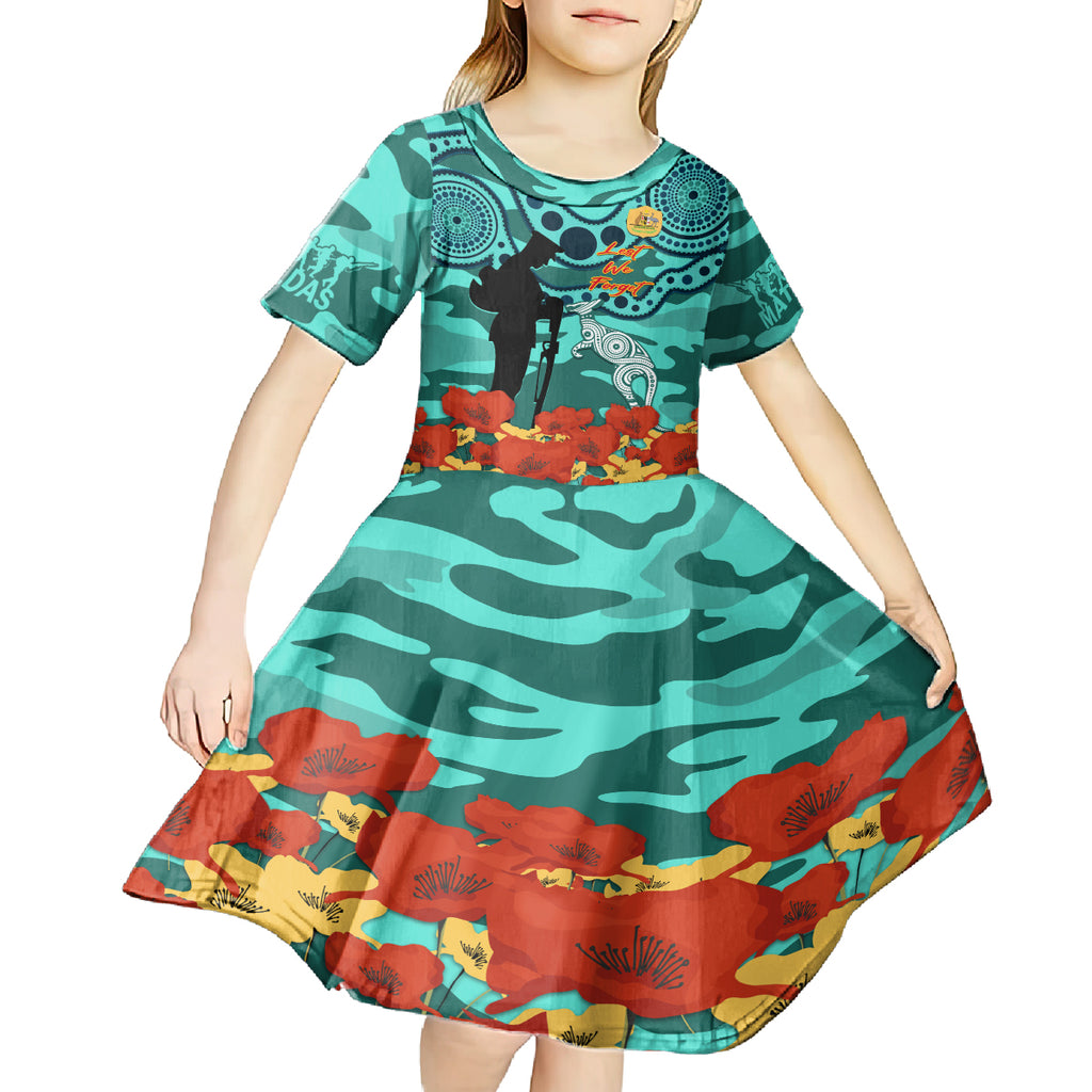 Custom Matildas ANZAC Day Kid Short Sleeve Dress Lest We Forget Poppies Mix Camouflage Turquoise