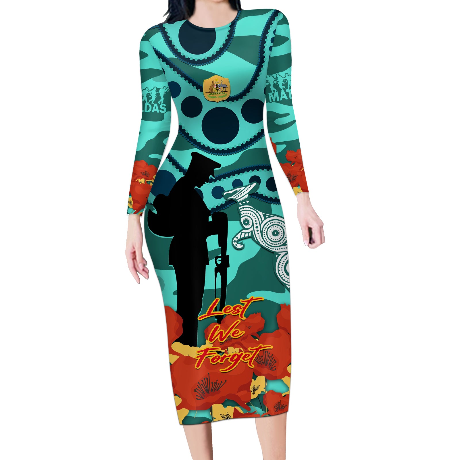 Custom Matildas ANZAC Day Long Sleeve Bodycon Dress Lest We Forget Poppies Mix Camouflage Turquoise