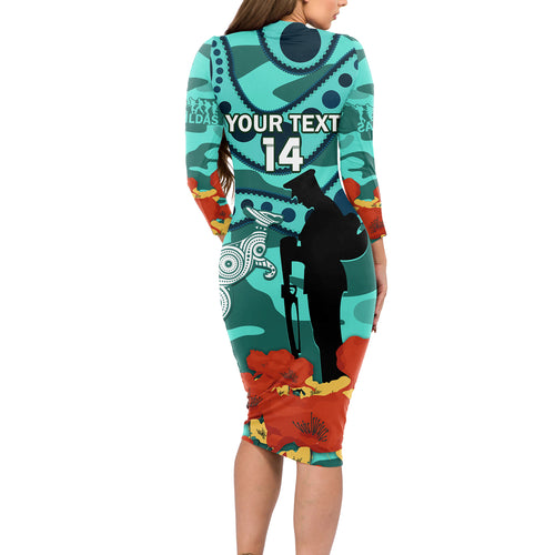 Custom Matildas ANZAC Day Long Sleeve Bodycon Dress Lest We Forget Poppies Mix Camouflage Turquoise