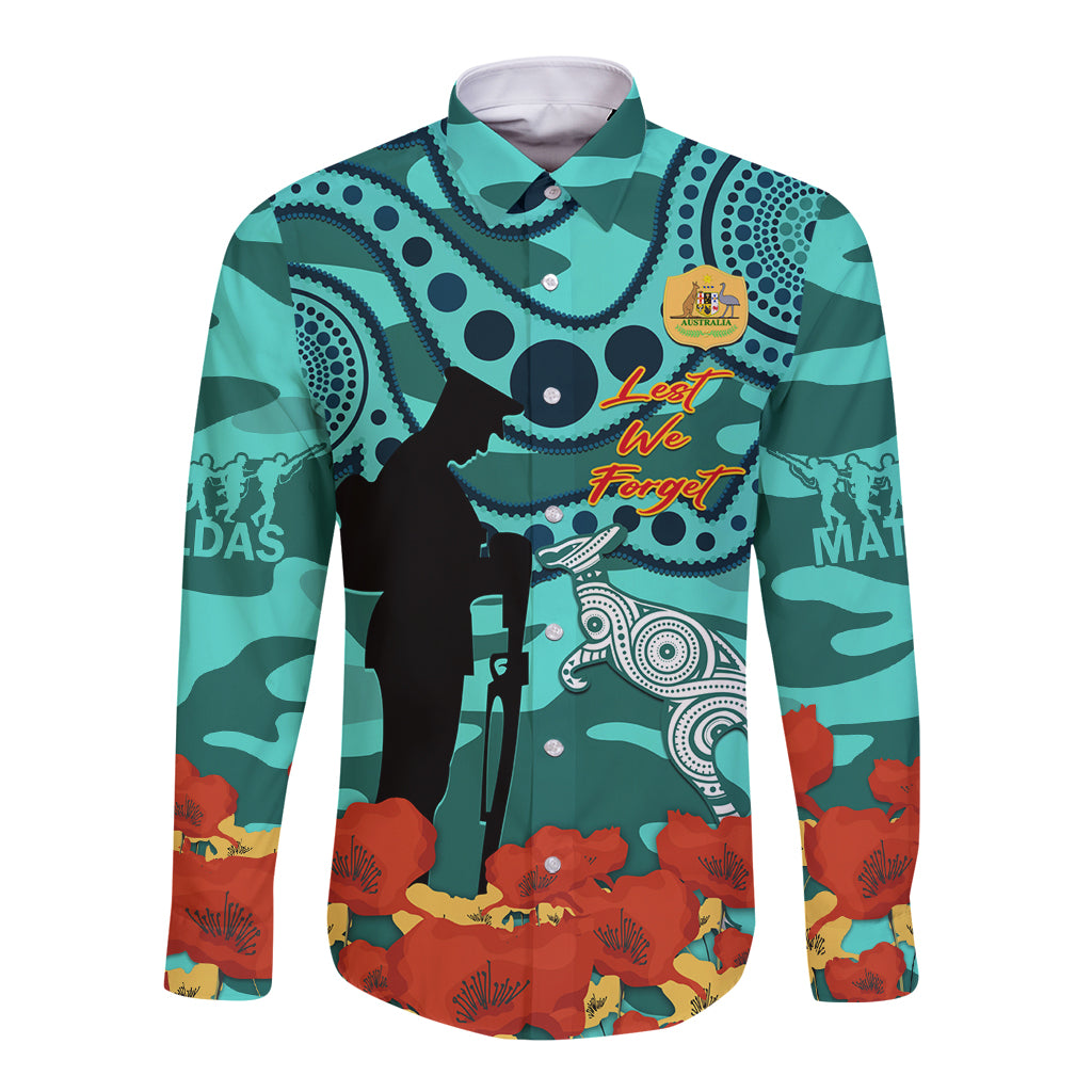 Custom Matildas ANZAC Day Long Sleeve Button Shirt Lest We Forget Poppies Mix Camouflage Turquoise