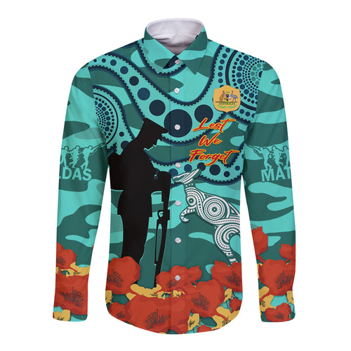 Custom Matildas ANZAC Day Long Sleeve Button Shirt Lest We Forget Poppies Mix Camouflage Turquoise