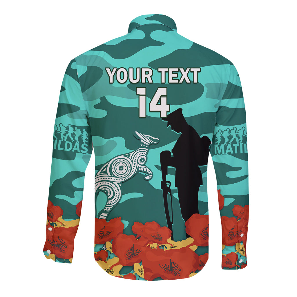 Custom Matildas ANZAC Day Long Sleeve Button Shirt Lest We Forget Poppies Mix Camouflage Turquoise