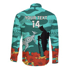 Custom Matildas ANZAC Day Long Sleeve Button Shirt Lest We Forget Poppies Mix Camouflage Turquoise