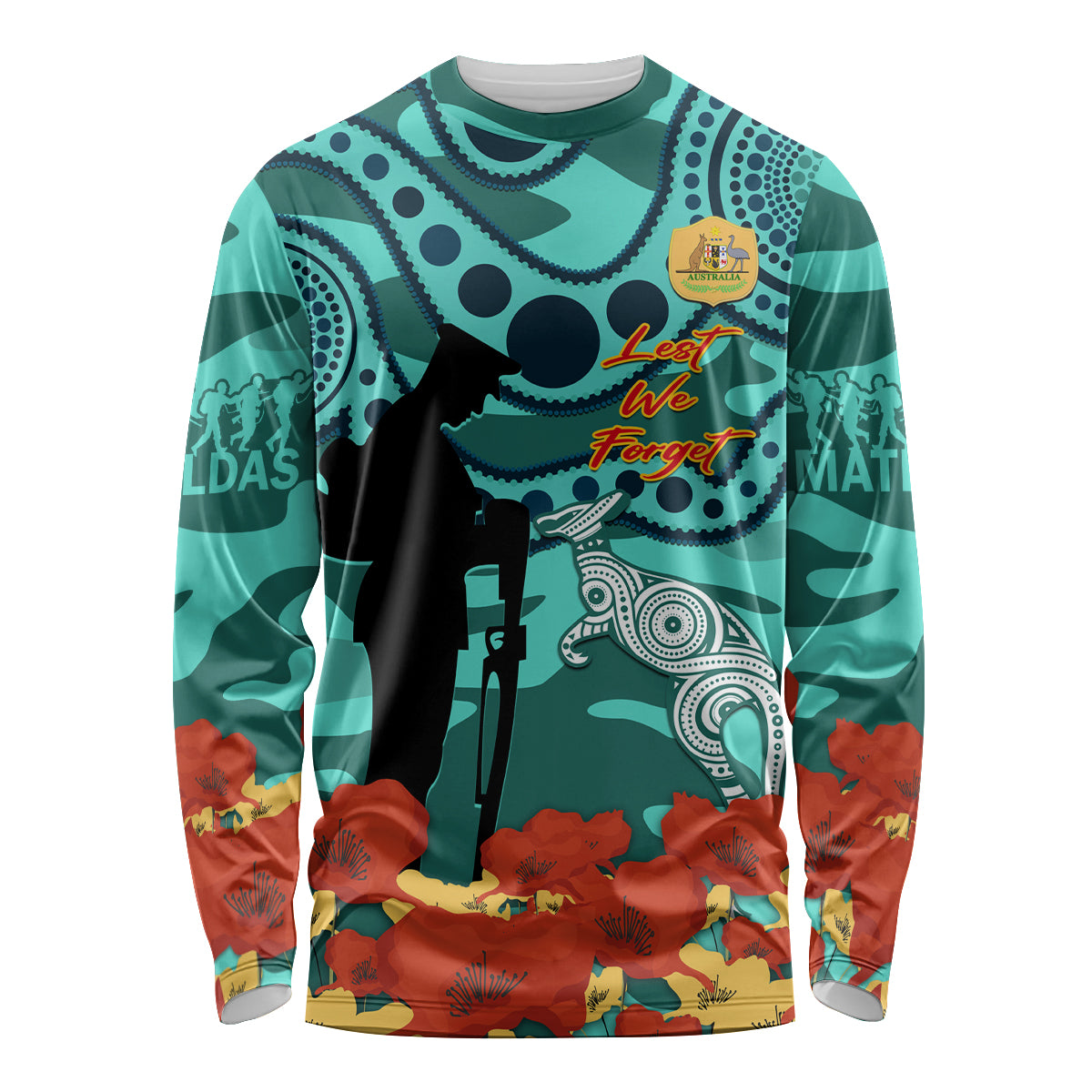 Custom Matildas ANZAC Day Long Sleeve Shirt Lest We Forget Poppies Mix Camouflage Turquoise