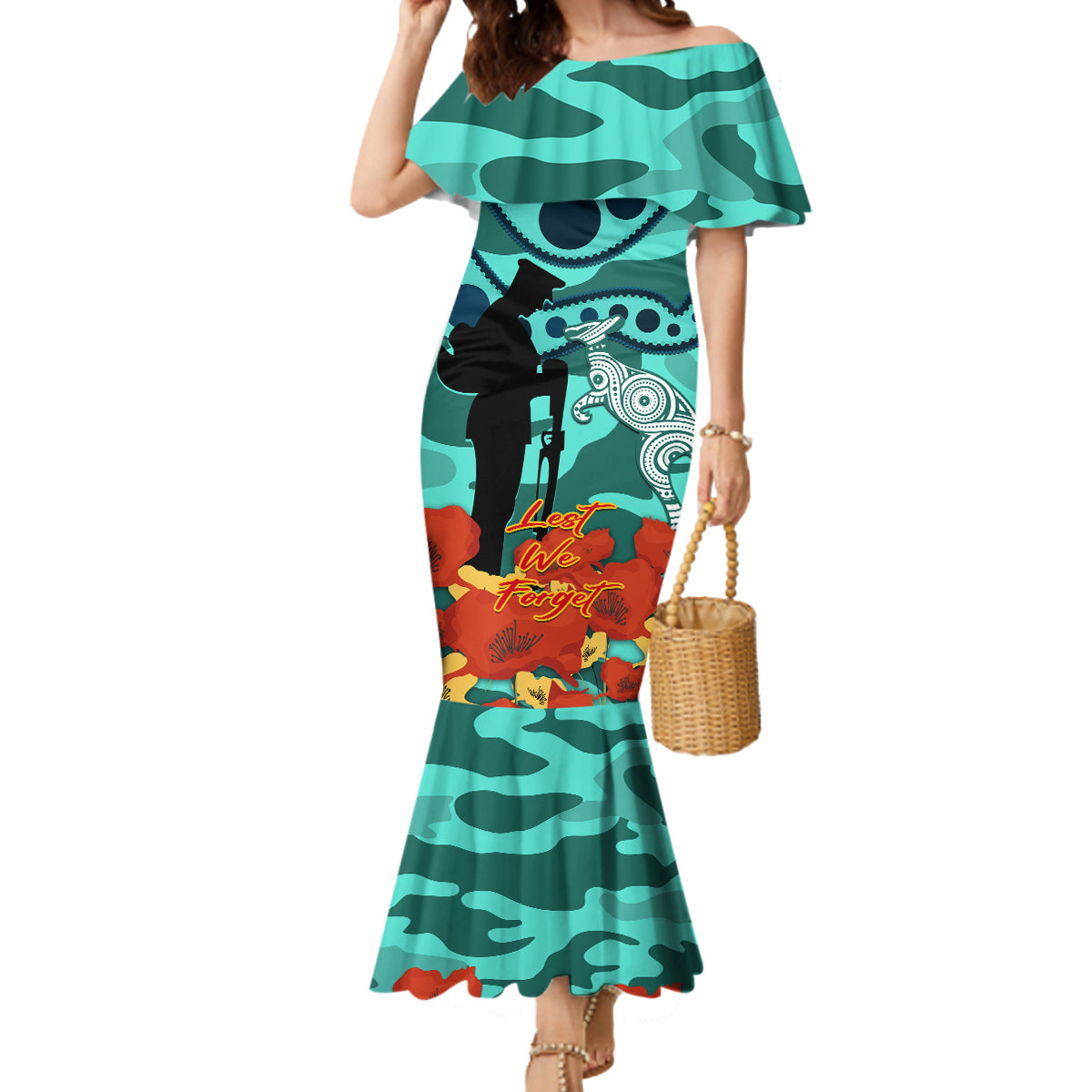 Custom Matildas ANZAC Day Mermaid Dress Lest We Forget Poppies Mix Camouflage Turquoise