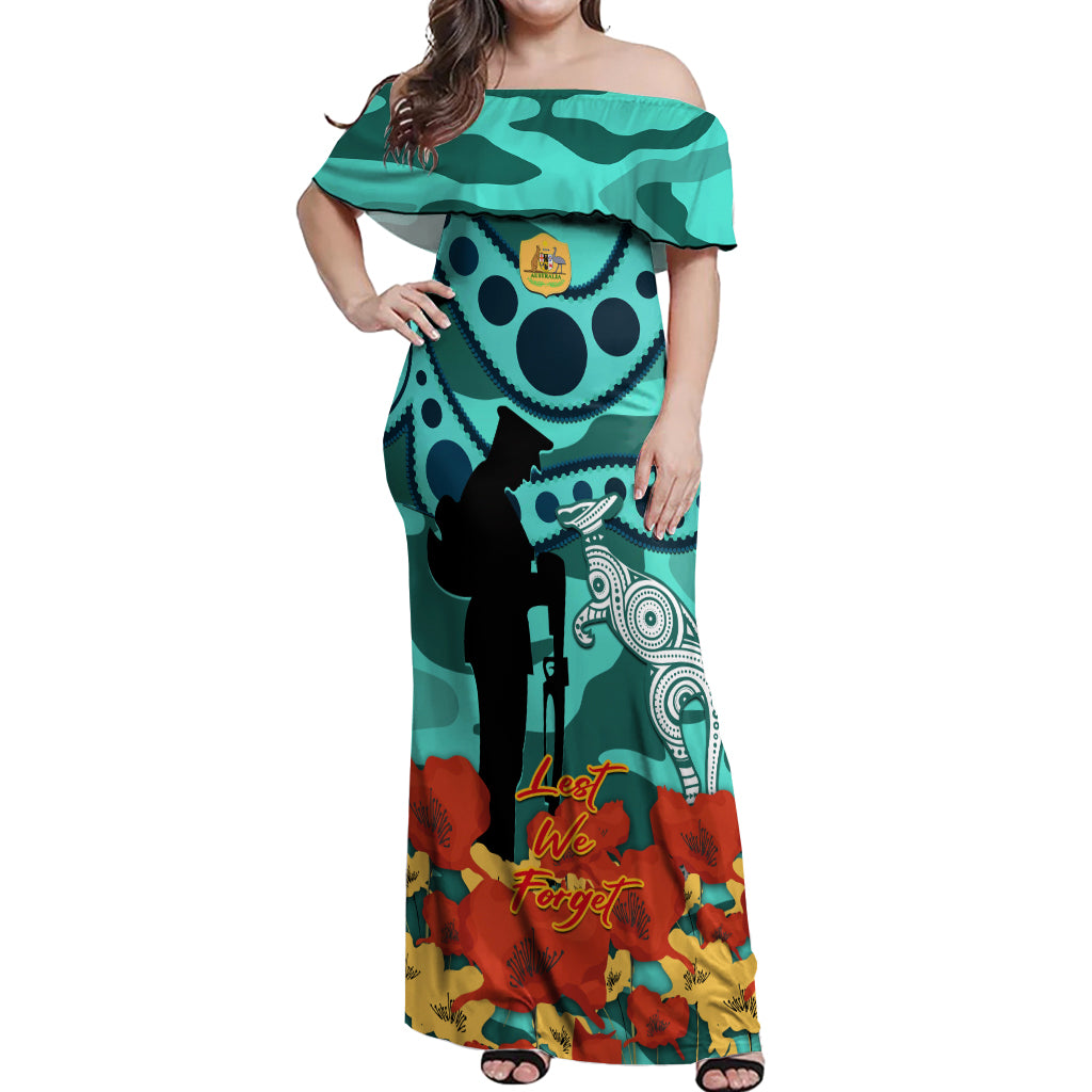 Custom Matildas ANZAC Day Off Shoulder Maxi Dress Lest We Forget Poppies Mix Camouflage Turquoise
