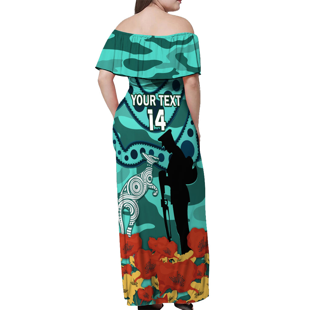 Custom Matildas ANZAC Day Off Shoulder Maxi Dress Lest We Forget Poppies Mix Camouflage Turquoise