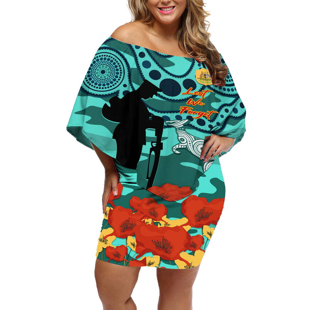 Custom Matildas ANZAC Day Off Shoulder Short Dress Lest We Forget Poppies Mix Camouflage Turquoise