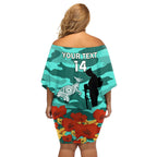 Custom Matildas ANZAC Day Off Shoulder Short Dress Lest We Forget Poppies Mix Camouflage Turquoise