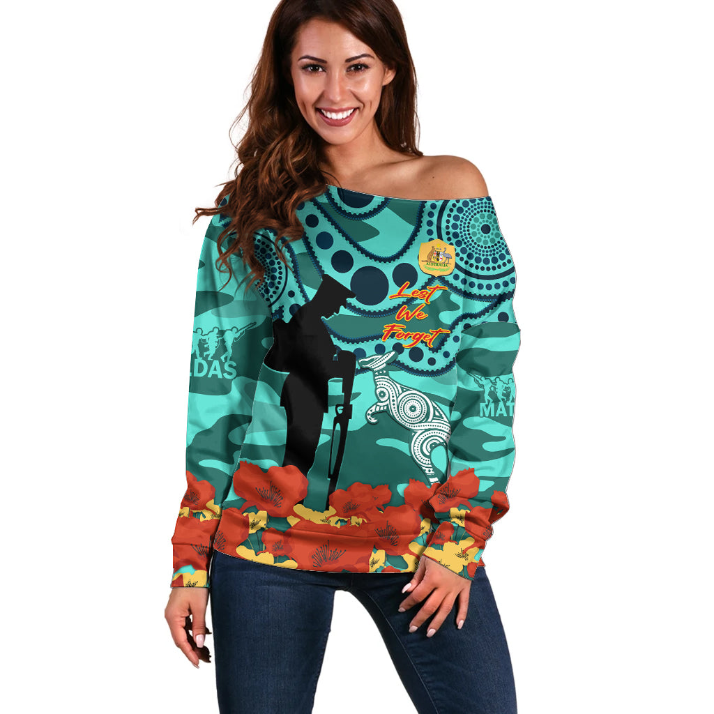 Custom Matildas ANZAC Day Off Shoulder Sweater Lest We Forget Poppies Mix Camouflage Turquoise