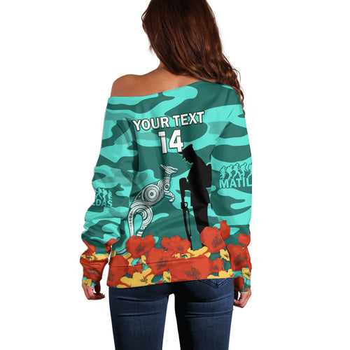 Custom Matildas ANZAC Day Off Shoulder Sweater Lest We Forget Poppies Mix Camouflage Turquoise