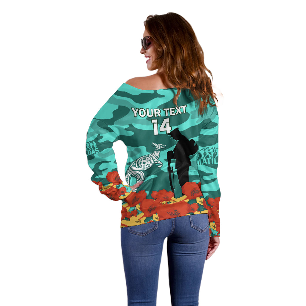 Custom Matildas ANZAC Day Off Shoulder Sweater Lest We Forget Poppies Mix Camouflage Turquoise