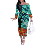 Custom Matildas ANZAC Day Off The Shoulder Long Sleeve Dress Lest We Forget Poppies Mix Camouflage Turquoise