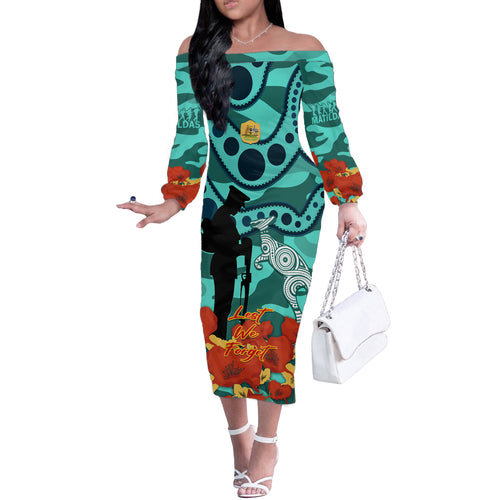 Custom Matildas ANZAC Day Off The Shoulder Long Sleeve Dress Lest We Forget Poppies Mix Camouflage Turquoise