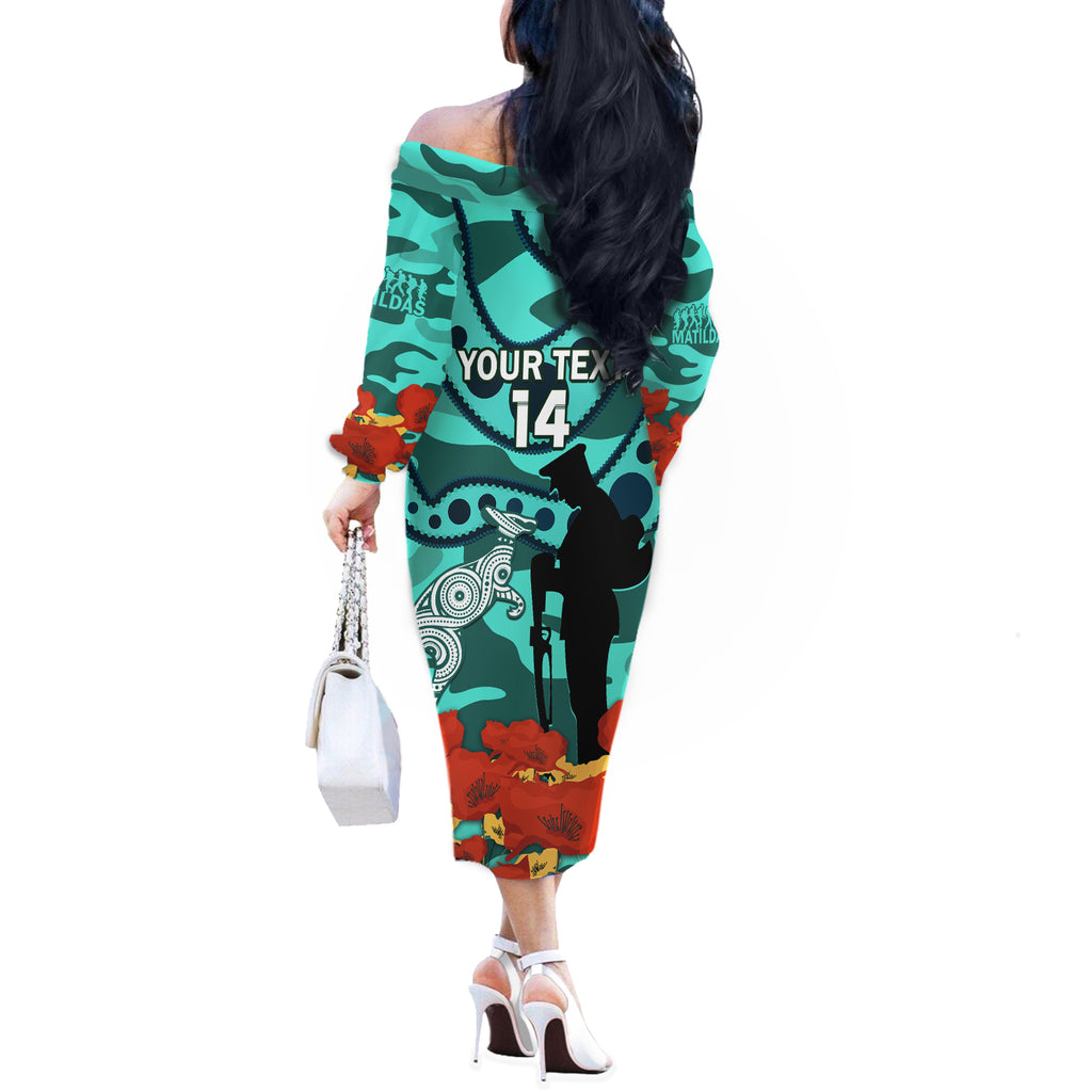 Custom Matildas ANZAC Day Off The Shoulder Long Sleeve Dress Lest We Forget Poppies Mix Camouflage Turquoise
