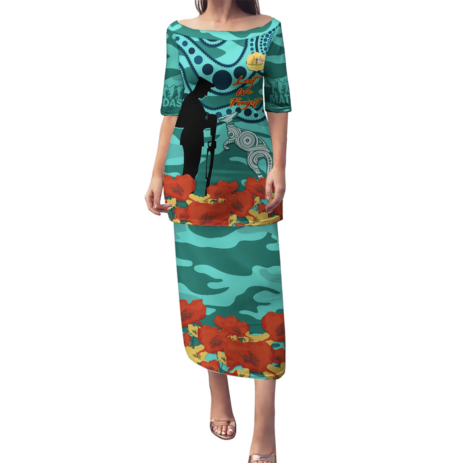 Custom Matildas ANZAC Day Puletasi Lest We Forget Poppies Mix Camouflage Turquoise