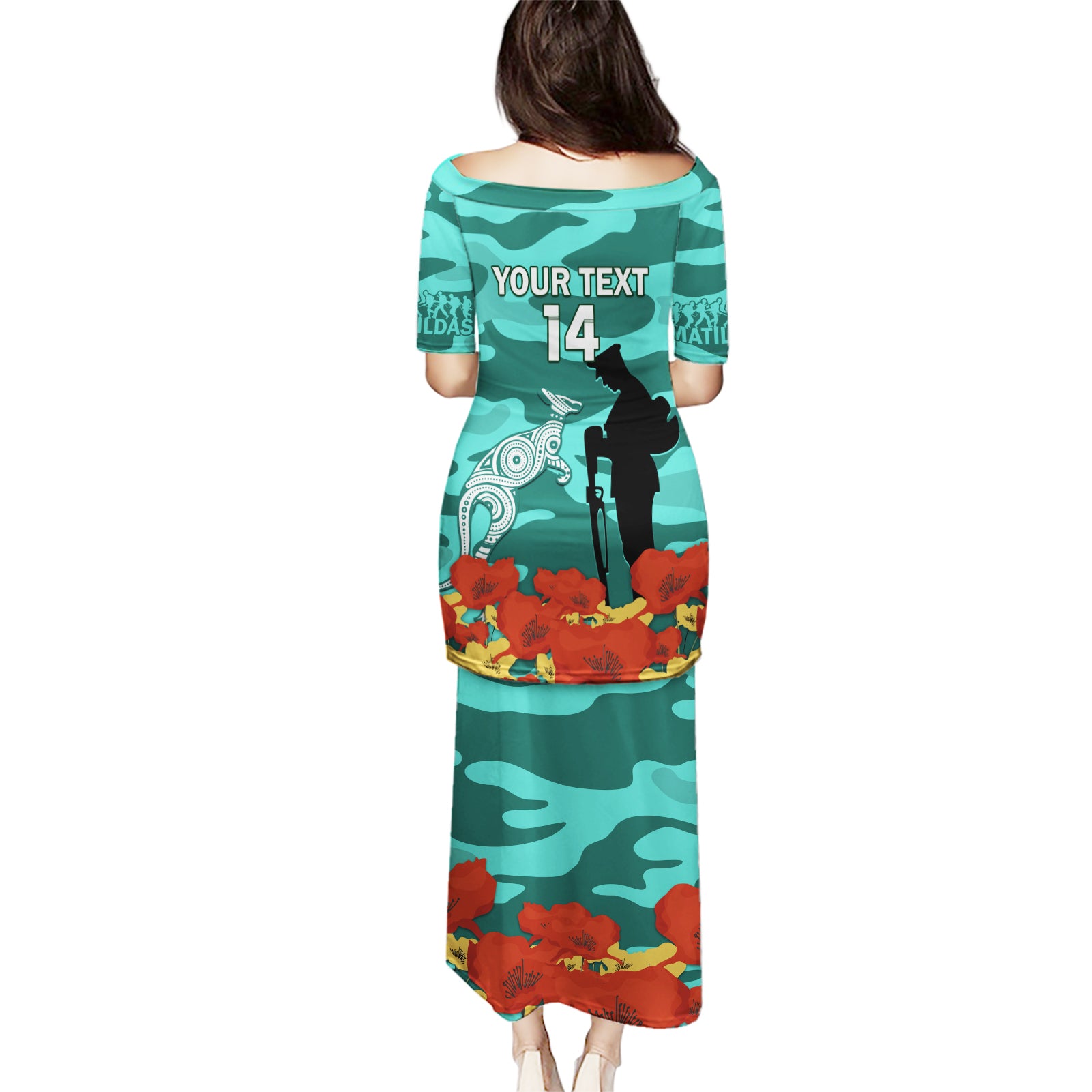 Custom Matildas ANZAC Day Puletasi Lest We Forget Poppies Mix Camouflage Turquoise