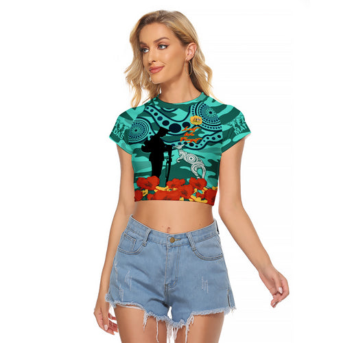 Custom Matildas ANZAC Day Raglan Cropped T Shirt Lest We Forget Poppies Mix Camouflage Turquoise