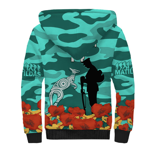 Custom Matildas ANZAC Day Sherpa Hoodie Lest We Forget Poppies Mix Camouflage Turquoise