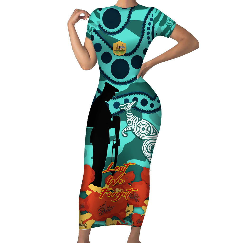 Custom Matildas ANZAC Day Short Sleeve Bodycon Dress Lest We Forget Poppies Mix Camouflage Turquoise
