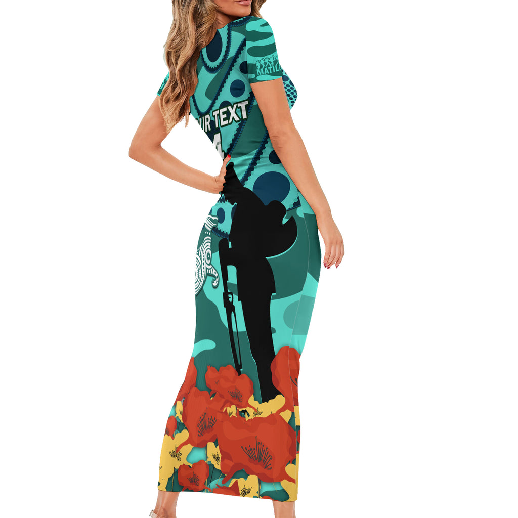 Custom Matildas ANZAC Day Short Sleeve Bodycon Dress Lest We Forget Poppies Mix Camouflage Turquoise