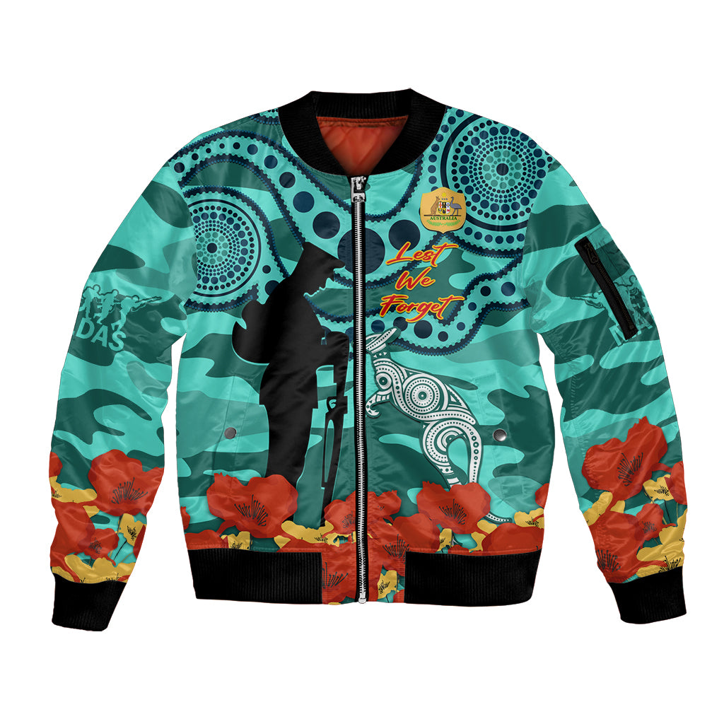 Custom Matildas ANZAC Day Sleeve Zip Bomber Jacket Lest We Forget Poppies Mix Camouflage Turquoise
