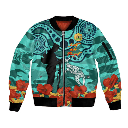 Custom Matildas ANZAC Day Sleeve Zip Bomber Jacket Lest We Forget Poppies Mix Camouflage Turquoise