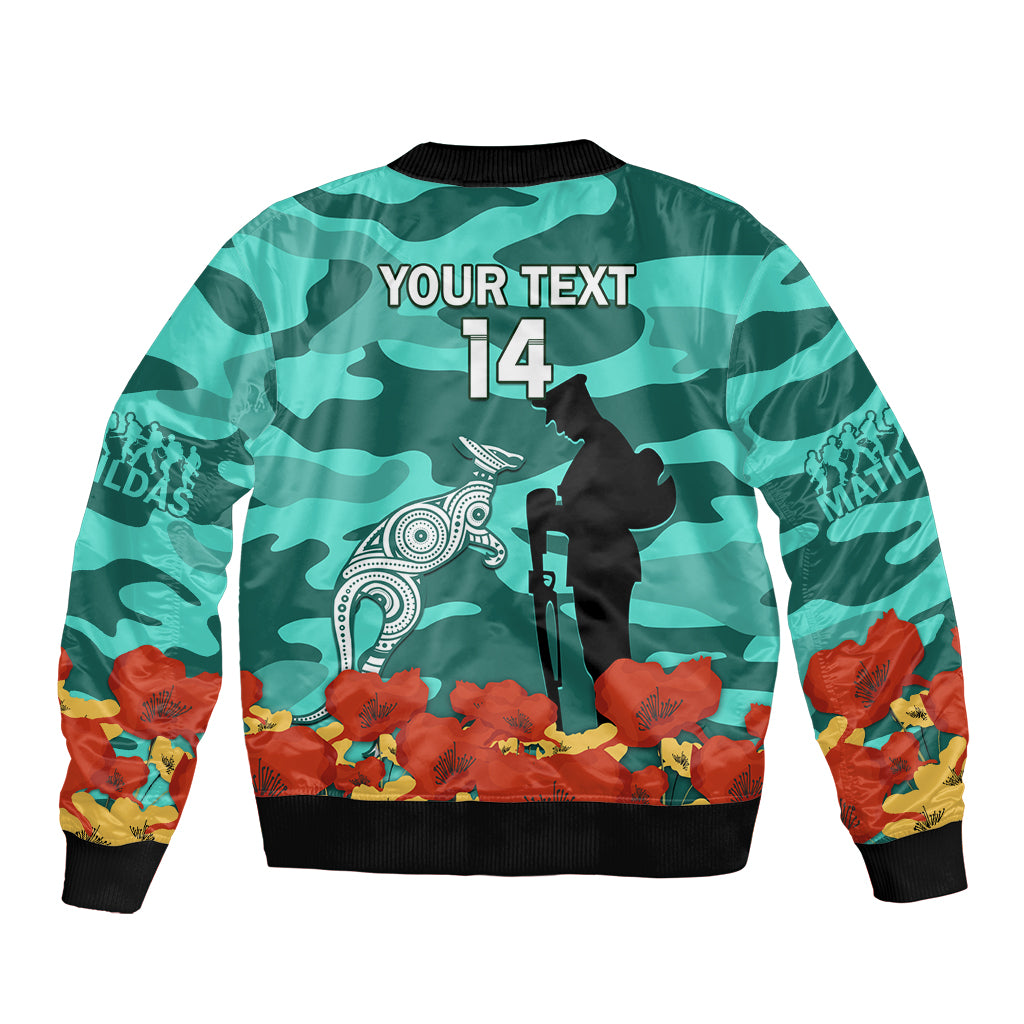 Custom Matildas ANZAC Day Sleeve Zip Bomber Jacket Lest We Forget Poppies Mix Camouflage Turquoise