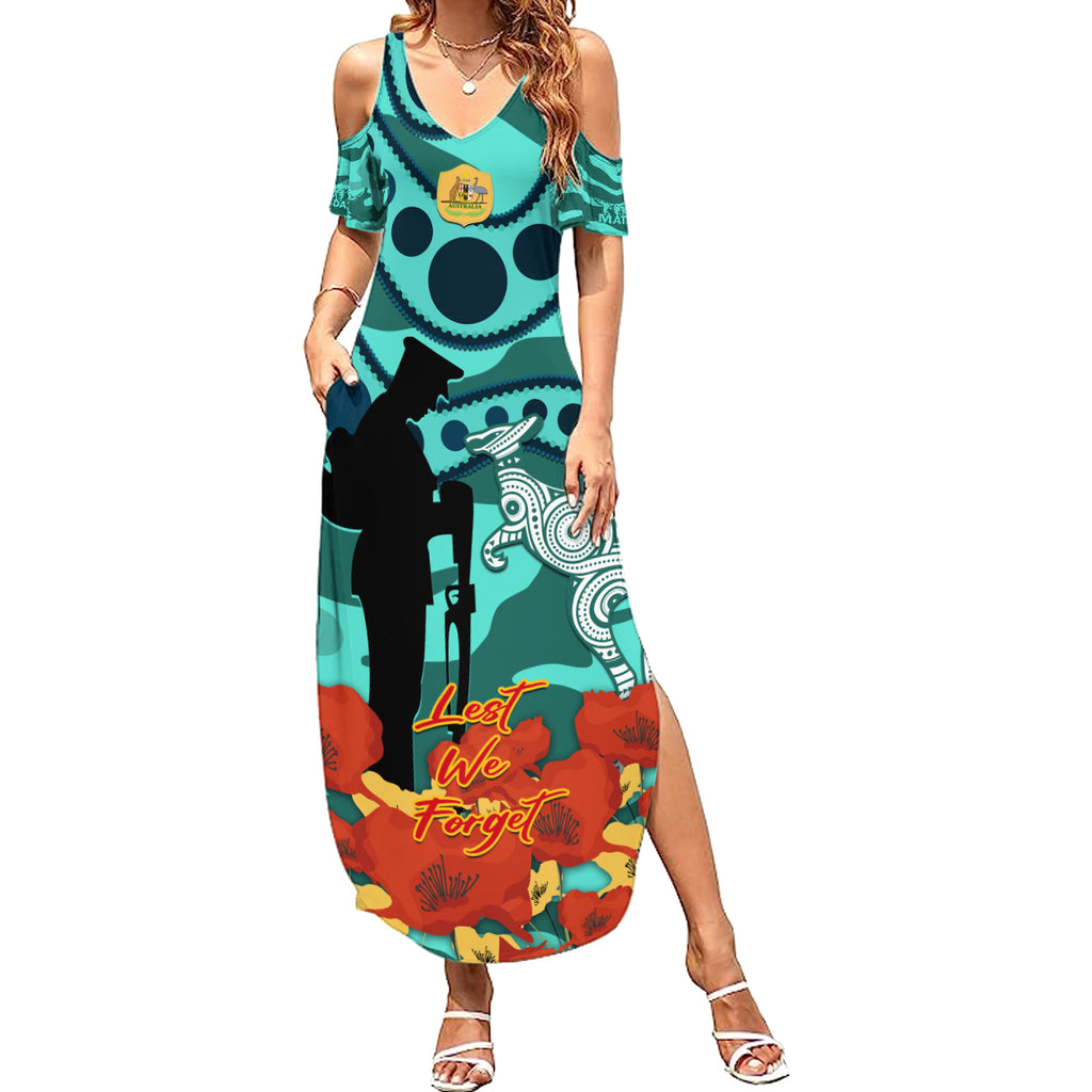 Custom Matildas ANZAC Day Summer Maxi Dress Lest We Forget Poppies Mix Camouflage Turquoise