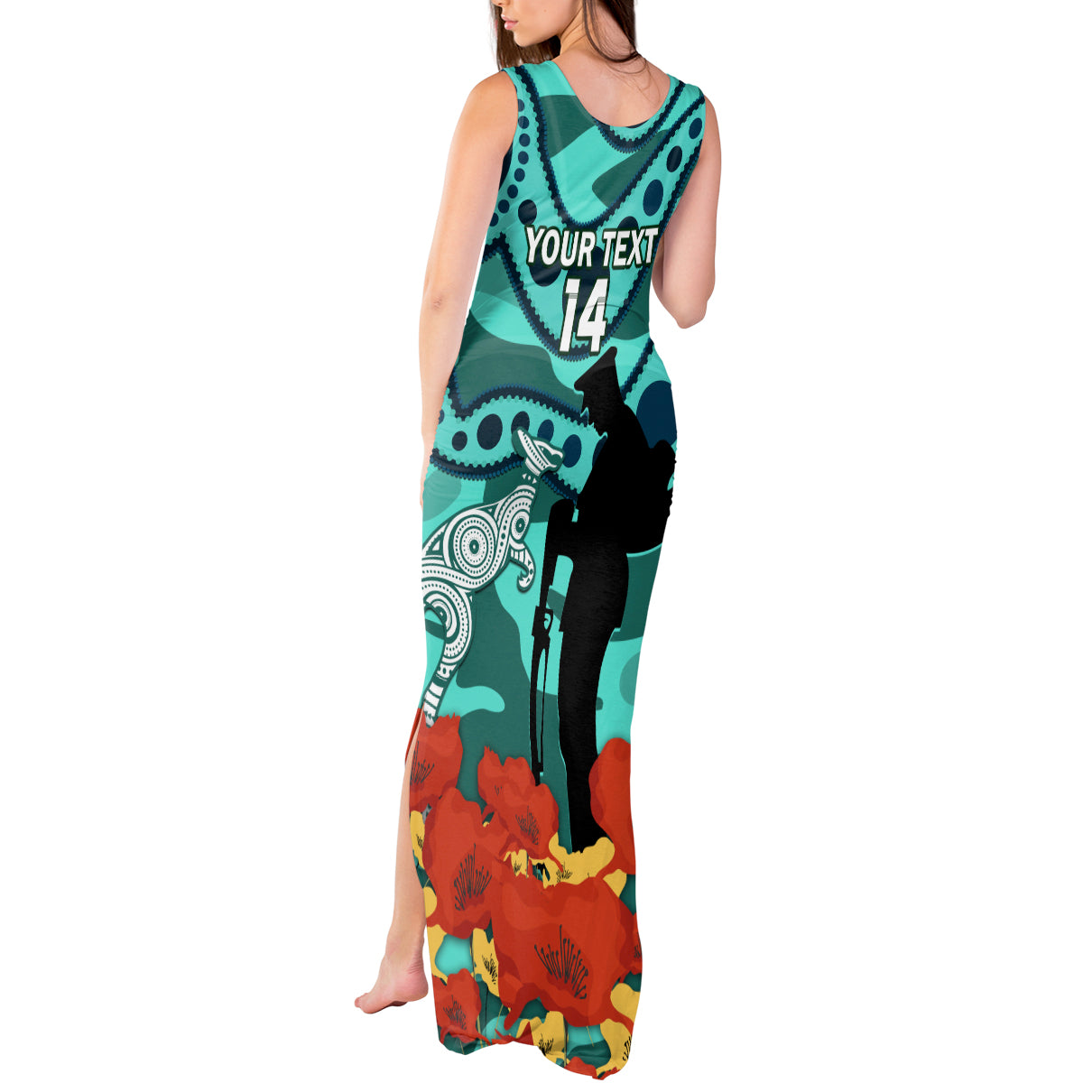 Custom Matildas ANZAC Day Tank Maxi Dress Lest We Forget Poppies Mix Camouflage Turquoise