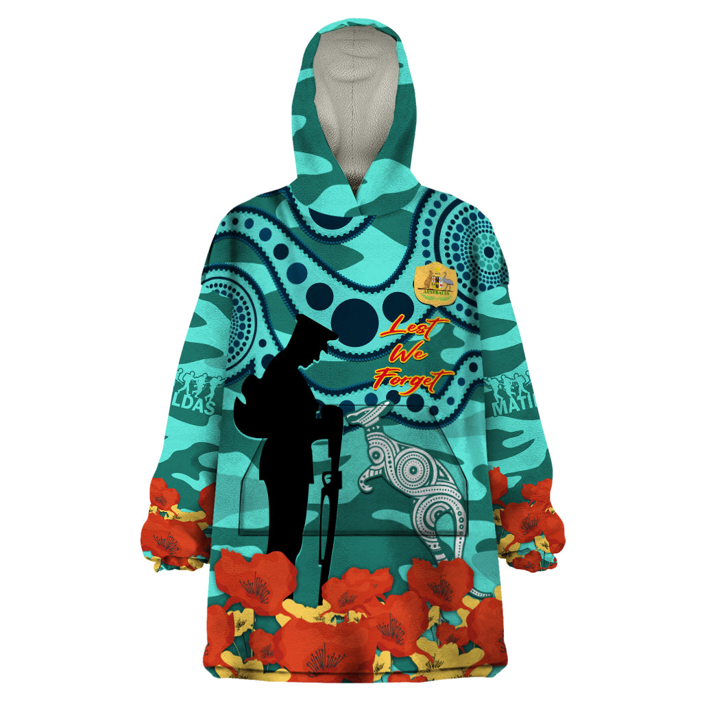 Custom Matildas ANZAC Day Wearable Blanket Hoodie Lest We Forget Poppies Mix Camouflage Turquoise