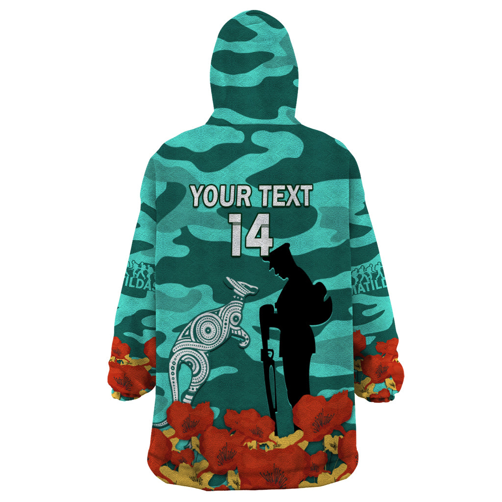 Custom Matildas ANZAC Day Wearable Blanket Hoodie Lest We Forget Poppies Mix Camouflage Turquoise